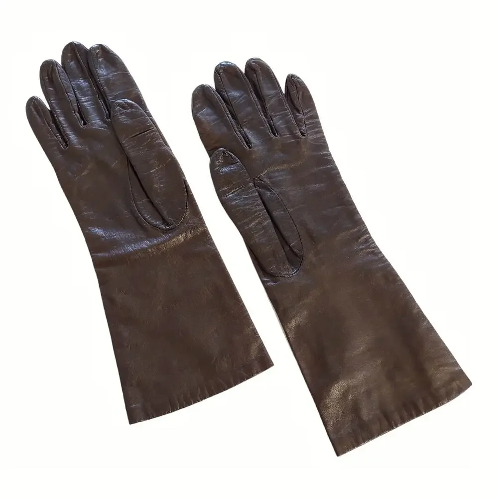 Vintage Leather Gloves Brown 3/4 Length Retro Accessories Size Large Winter Wear